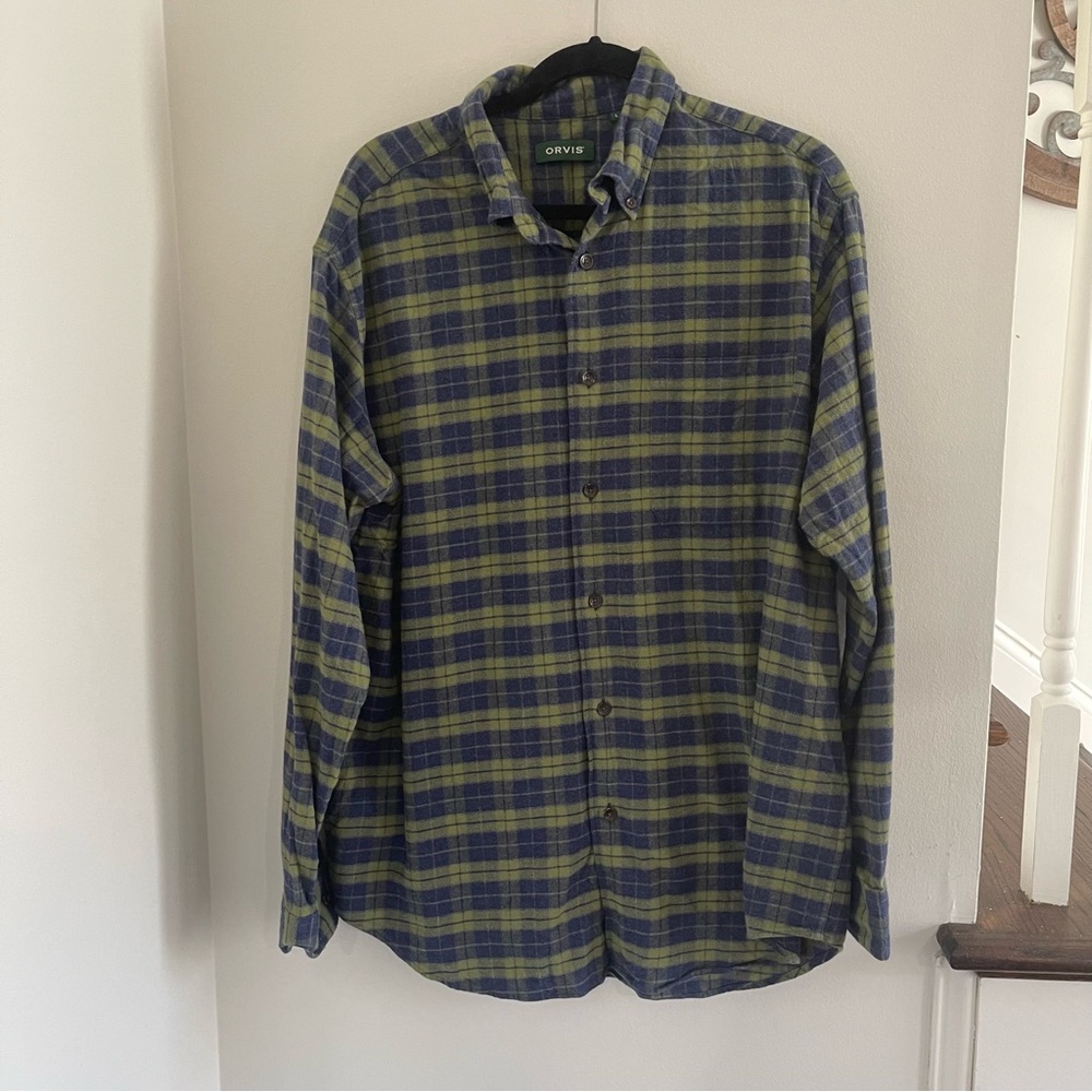 Orvis large 100% cotton flannel‎ green and blue  casual button down